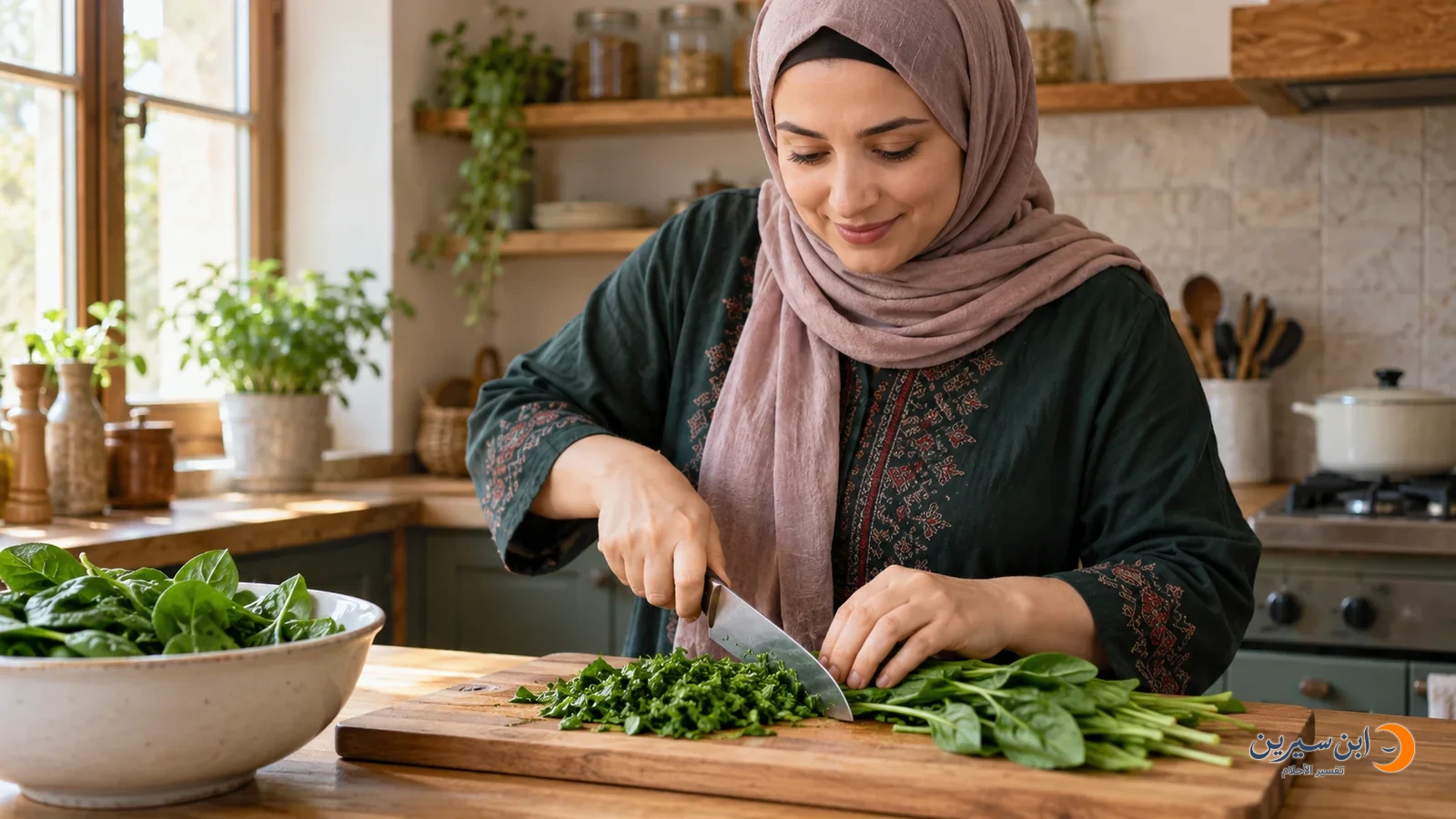 امرأة تفرم السبانخ على لوح تقطيع