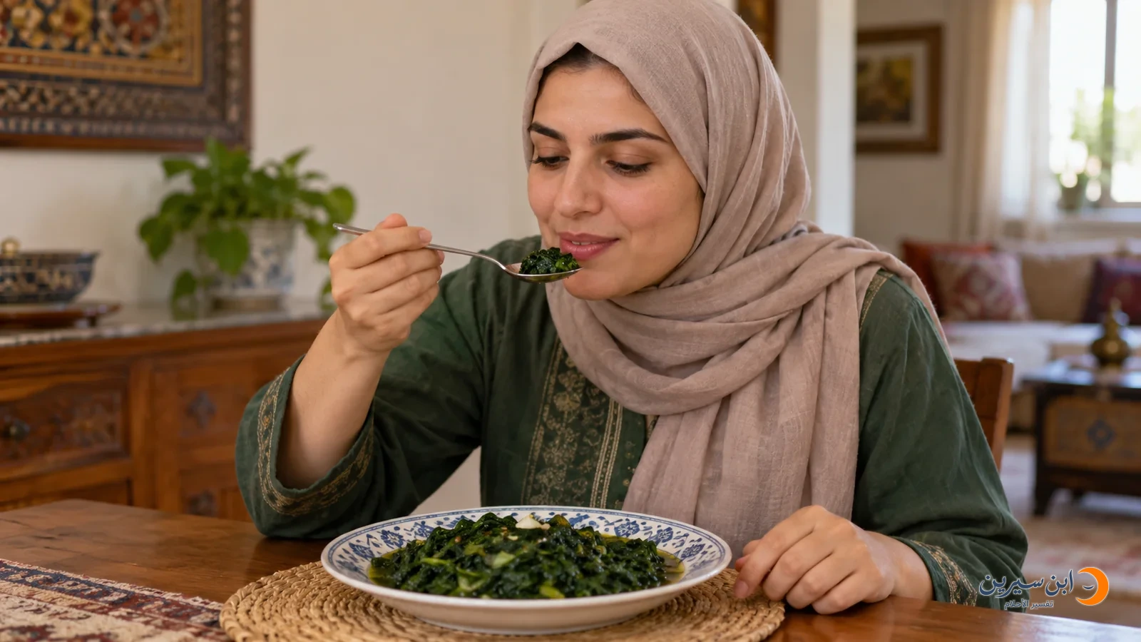 امرأة تتناول سبانخ مطبوخة على مائدة