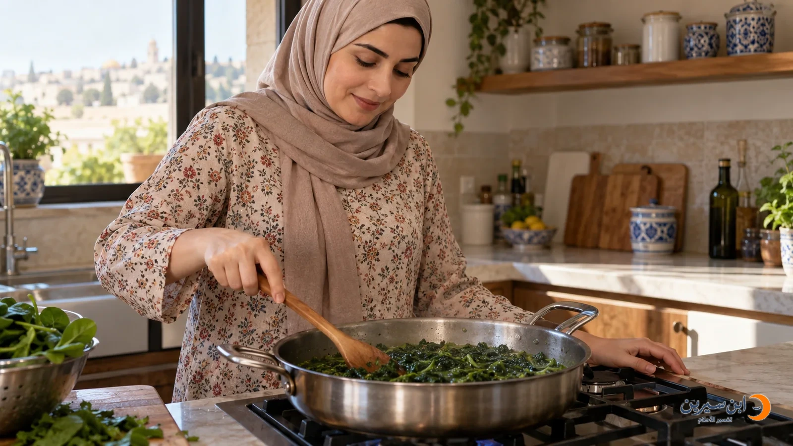 امرأة تطبخ السبانخ في قدر داخل مطبخ