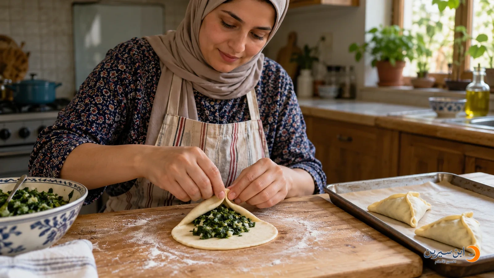 امرأة تصنع فطائر سبانخ على طاولة مطبخ