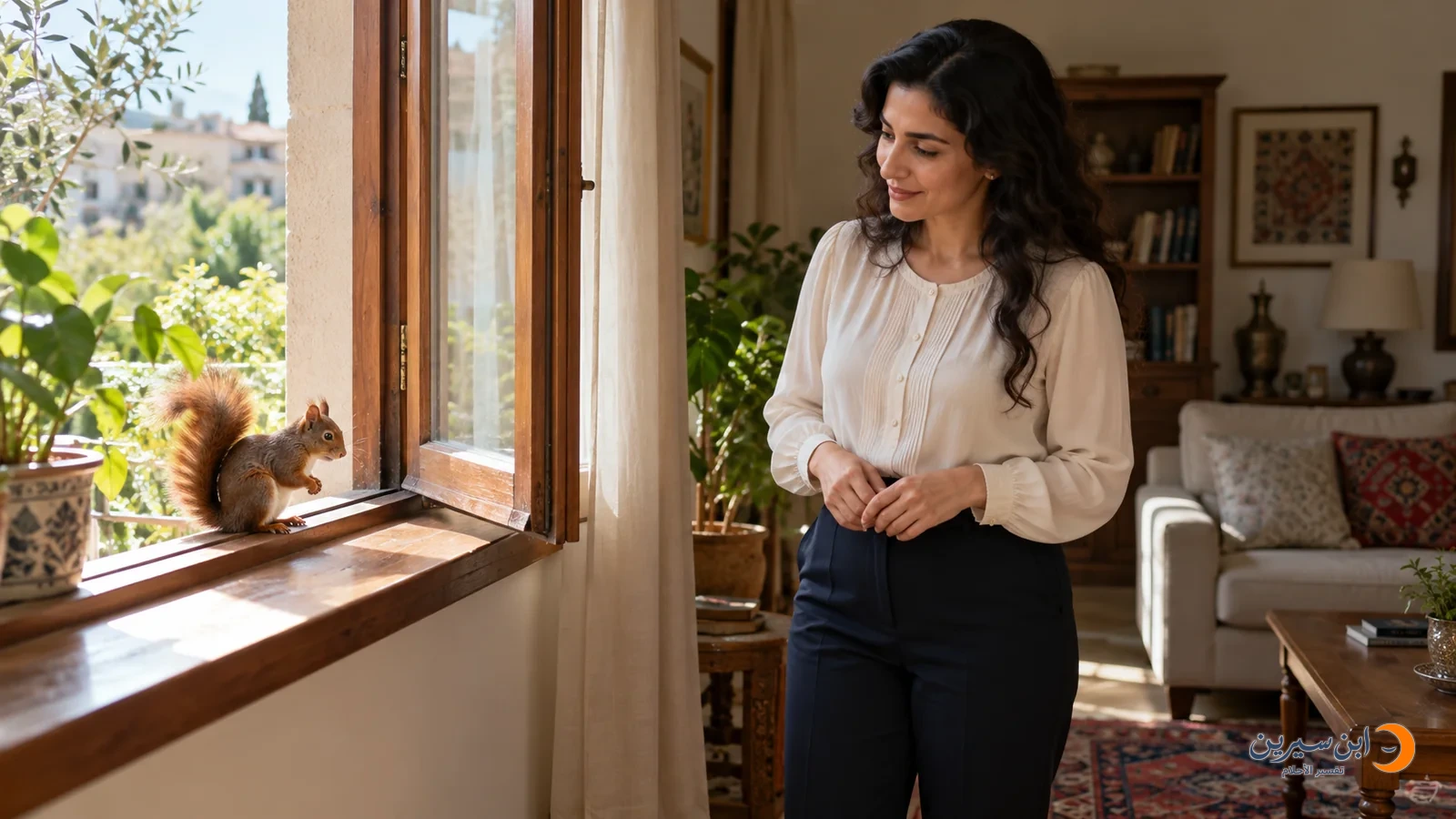 امرأة تنظر إلى سنجاب على حافة نافذة داخل منزل