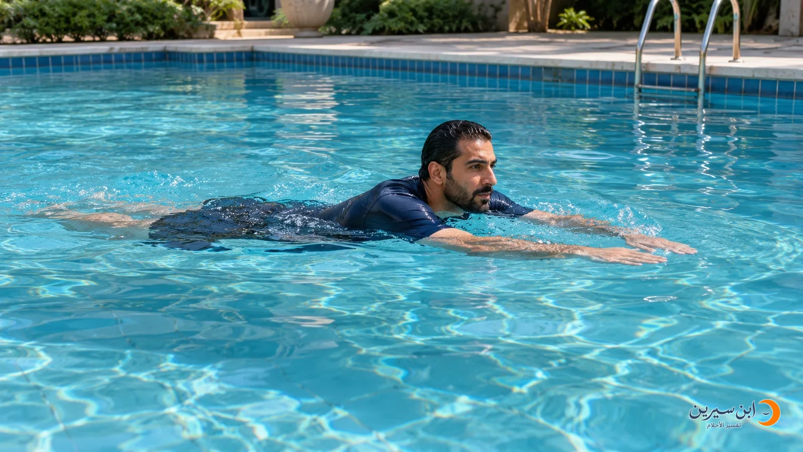 رجل يسبح في مسبح نظيف بماء أزرق صافٍ