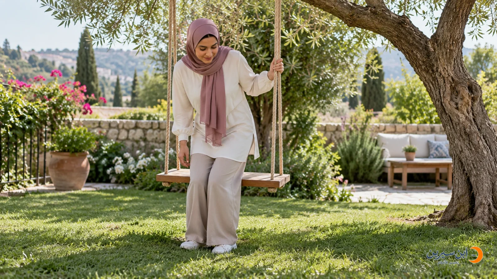 امرأة تنزل من أرجوحة في الحديقة