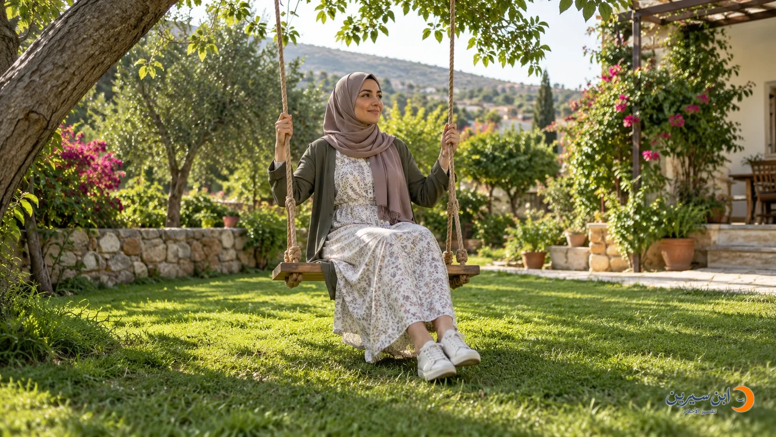 امرأة تركب أرجوحة خشبية