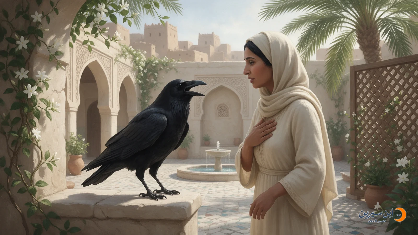غراب فاتح المنقار يواجه امرأة تستمع إليه في فناء