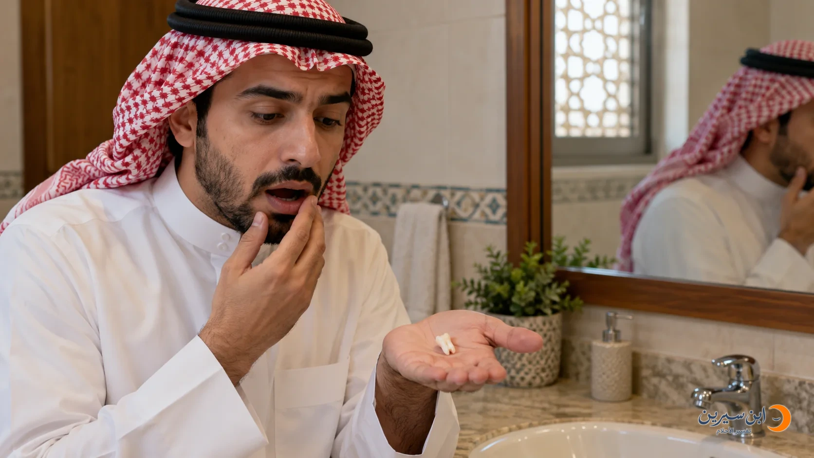 رجل ينظر إلى سن في كف يده الممدودة أمام فمه