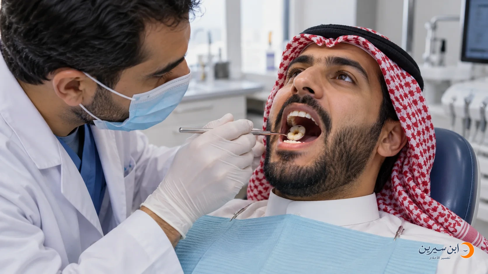 طبيب يفحص فم رجل بمرآة أسنان يظهر فيها تجويف في ضرس