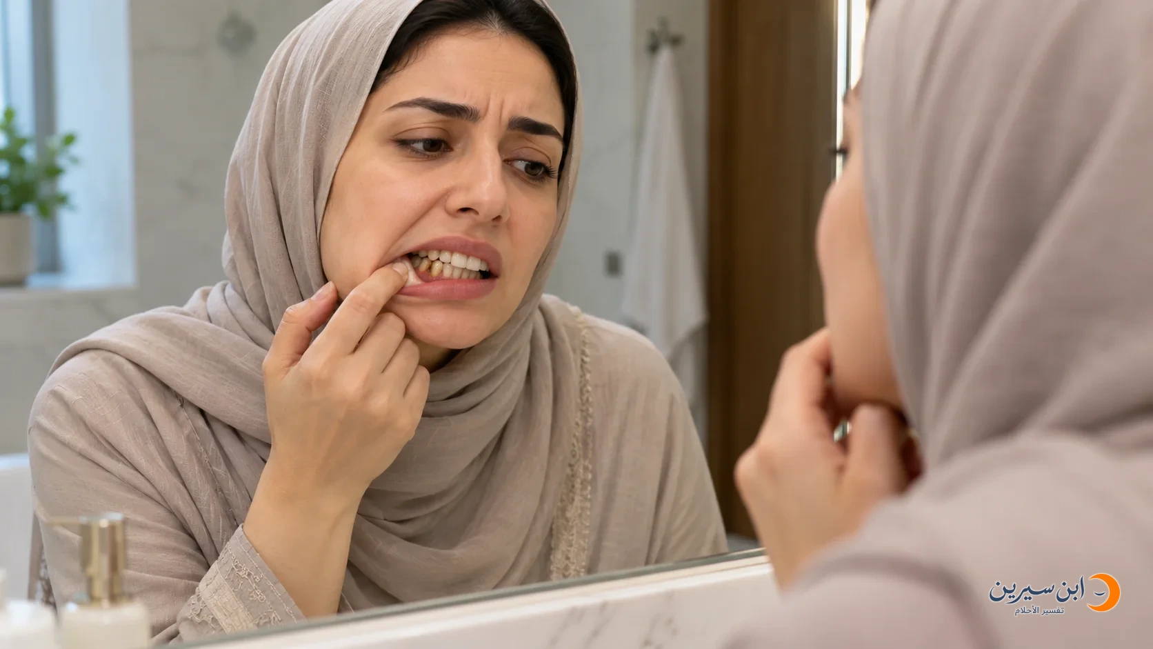 امرأة تفحص بقعة داكنة في إحدى أسنانها أمام المرآة