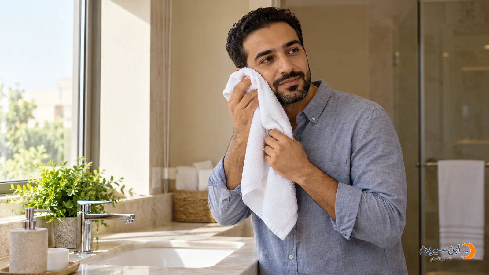 رجل ينظف وجهه بمنشفة بيضاء