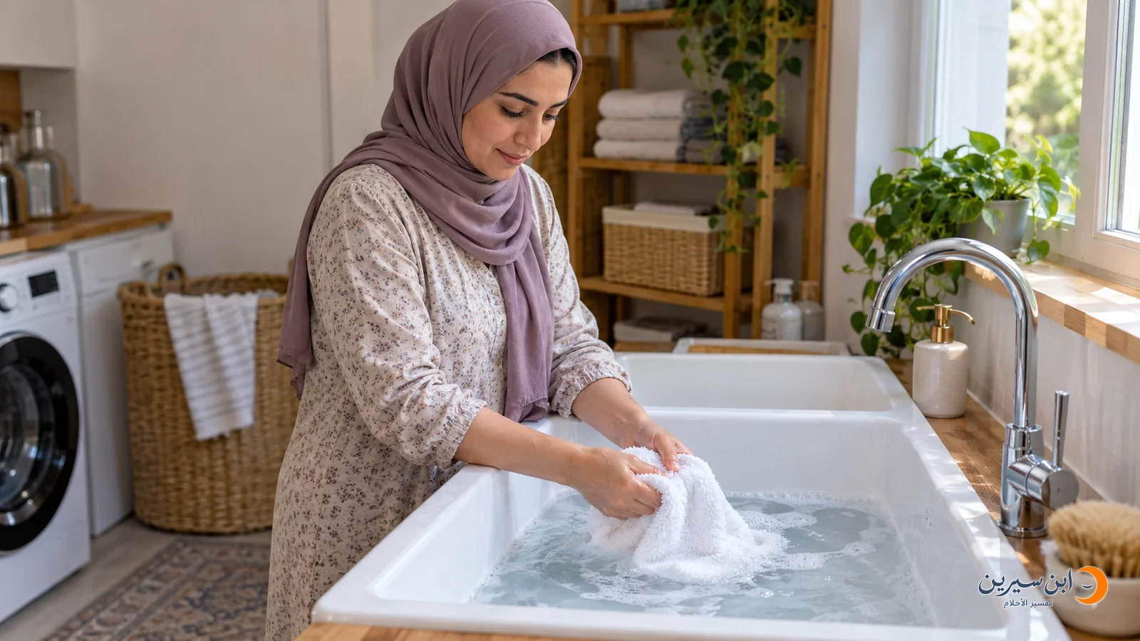 امرأة تغسل منشفة باليد
