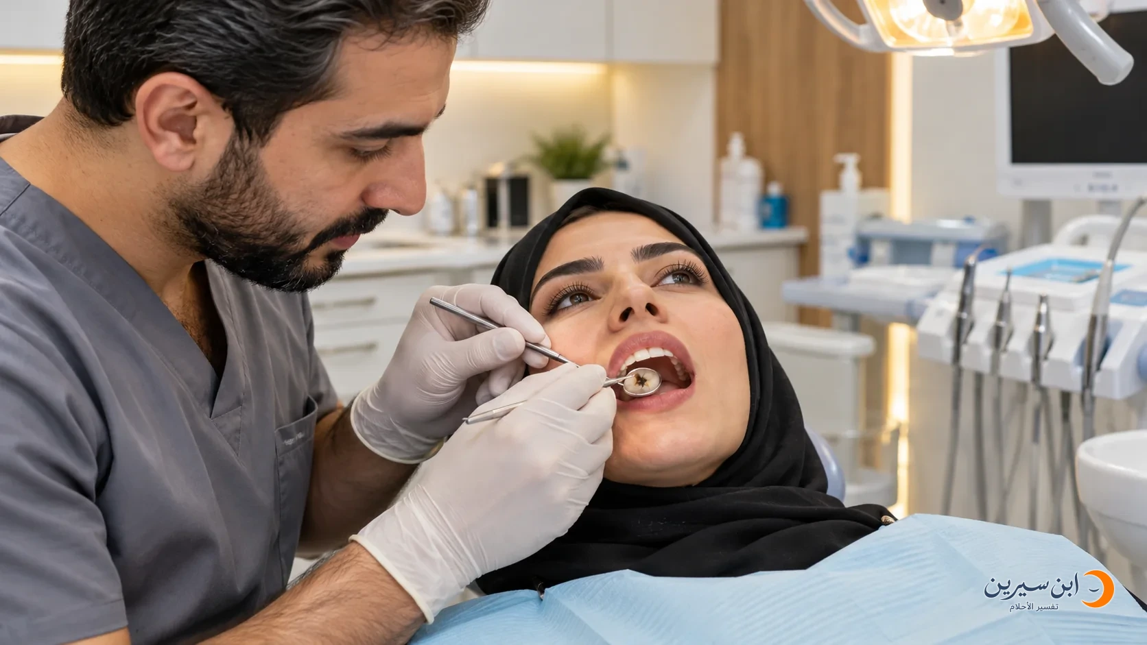طبيب يفحص ضرسًا لدى امرأة باستخدام مرآة وأداة أسنان