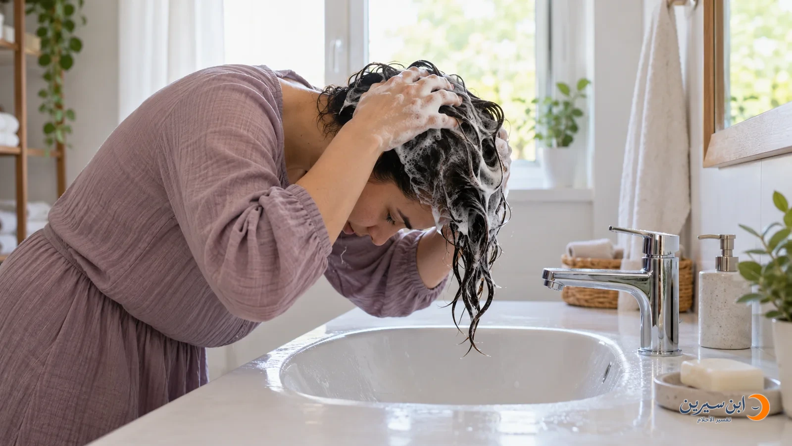 امرأة تغسل شعرها بالصابون فوق حوض