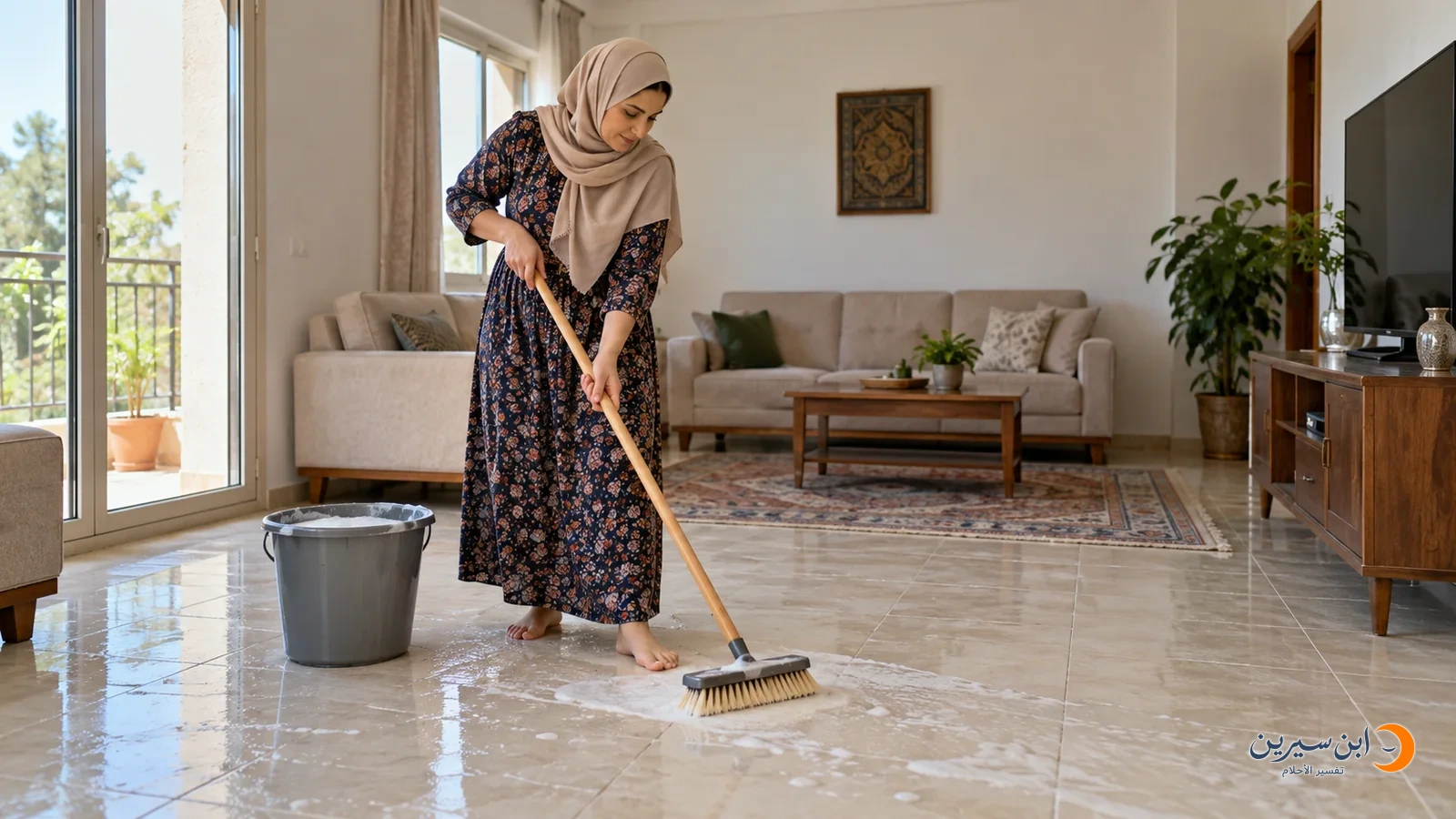 امرأة تنظف أرضية المنزل بالماء والصابون