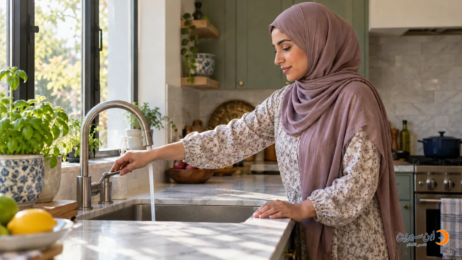 امرأة تفتح صنبور الماء في المطبخ