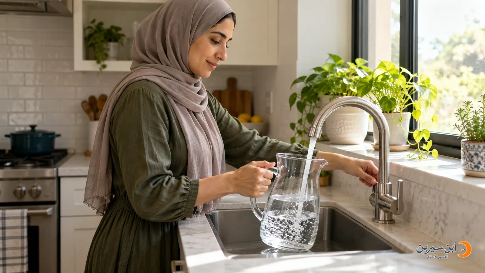 امرأة تملأ إبريقًا بالماء من الصنبور