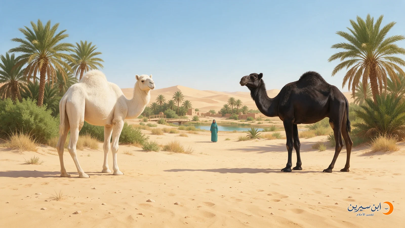جمل أبيض وآخر أسود يقفان في واحة وتظهر امرأة بينهما من بعيد