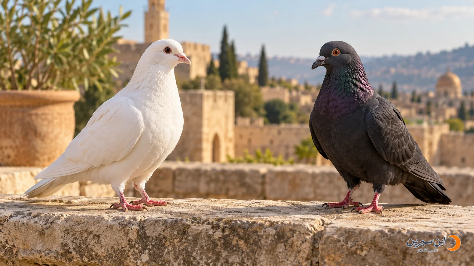 حمامة بيضاء وأخرى سوداء على حافة حجرية
