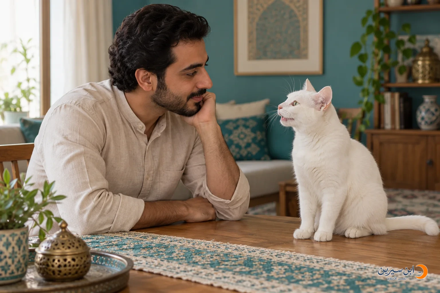 قطة بيضاء تفتح فمها تجاه رجل ينصت إليها