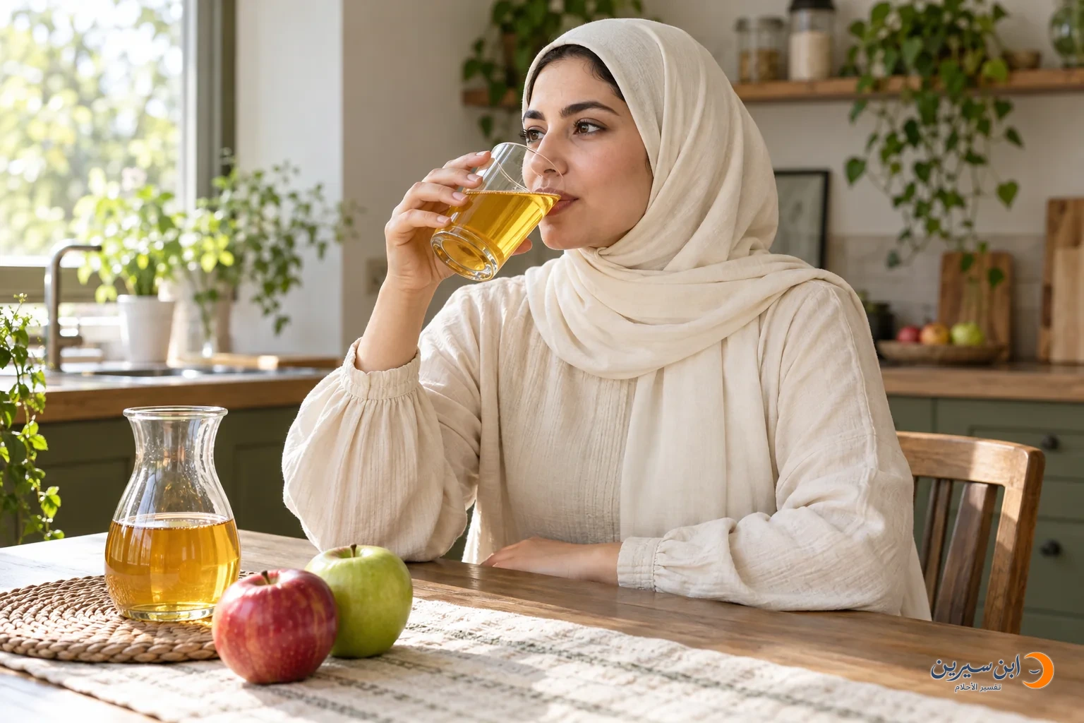 امرأة تشرب عصيرًا ذهبي اللون وبجوارها إبريق وتفاحتان حمراء وخضراء