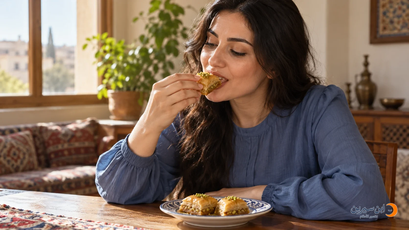 امرأة تتناول قطعة حلوى
