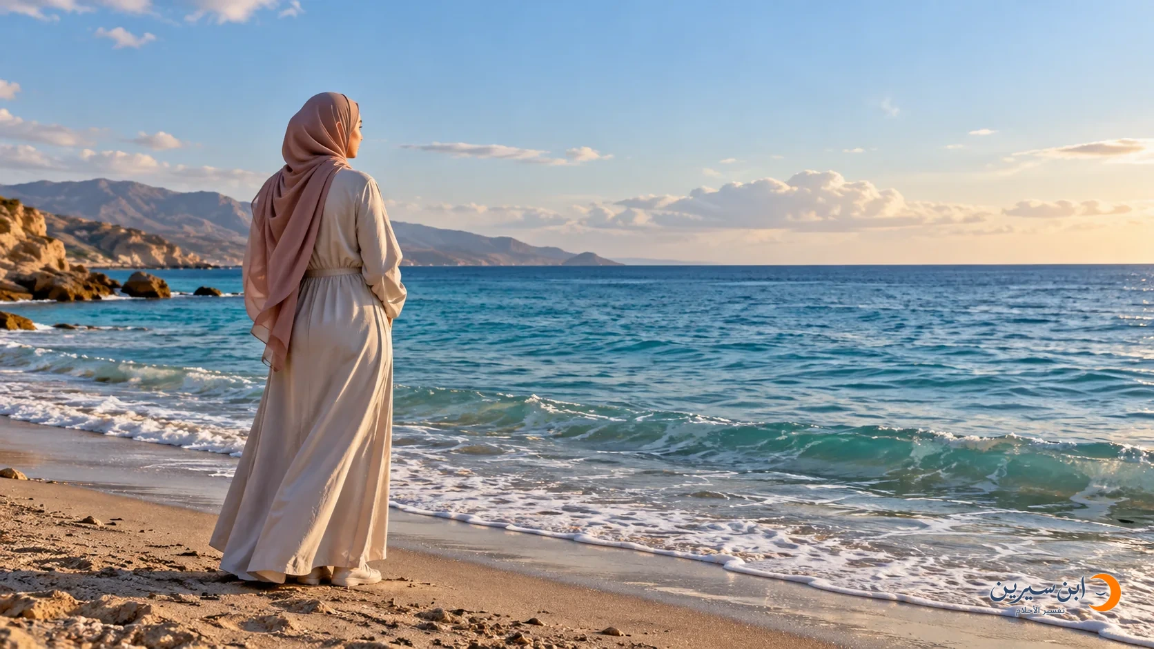امرأة بالغة تقف أمام بحر هادئ صاف وتنظر إلى مياهه
