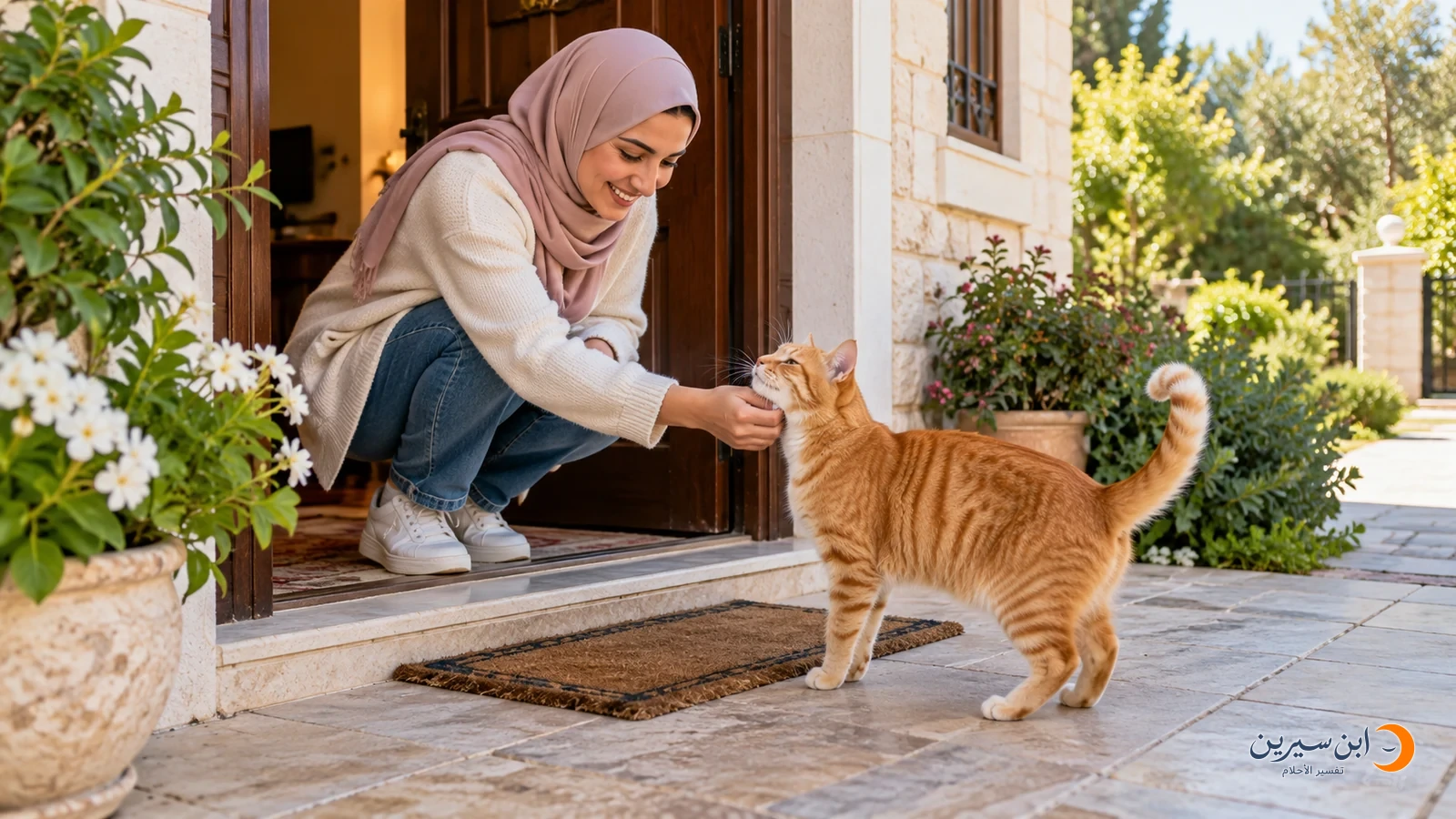 امرأة تجد قطتها عند عتبة المنزل