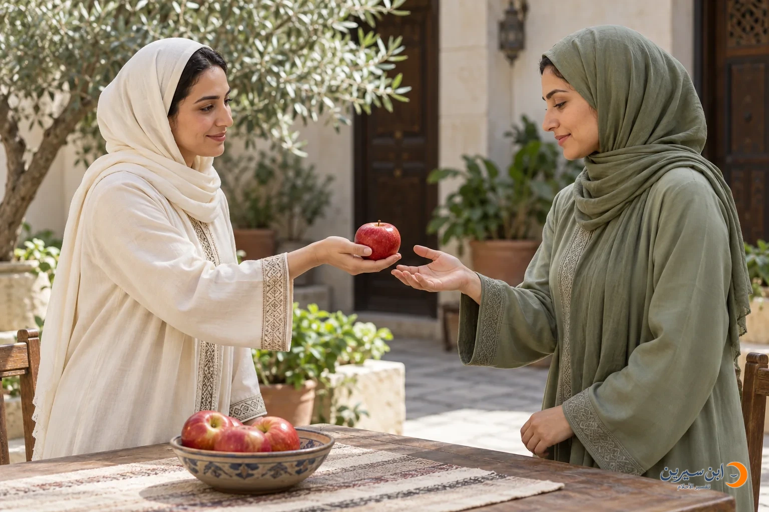 امرأة تقدم تفاحة حمراء لامرأة أخرى تمد يدها لتأخذها