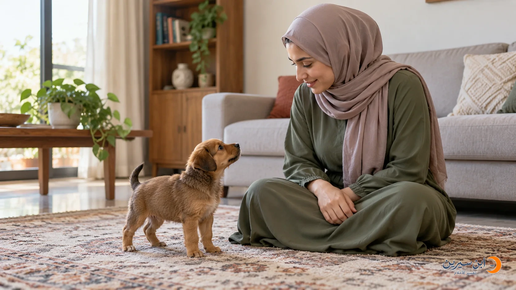 امرأة تجلس على بساط وترى جروًا بنيًا صغيرًا أمامها