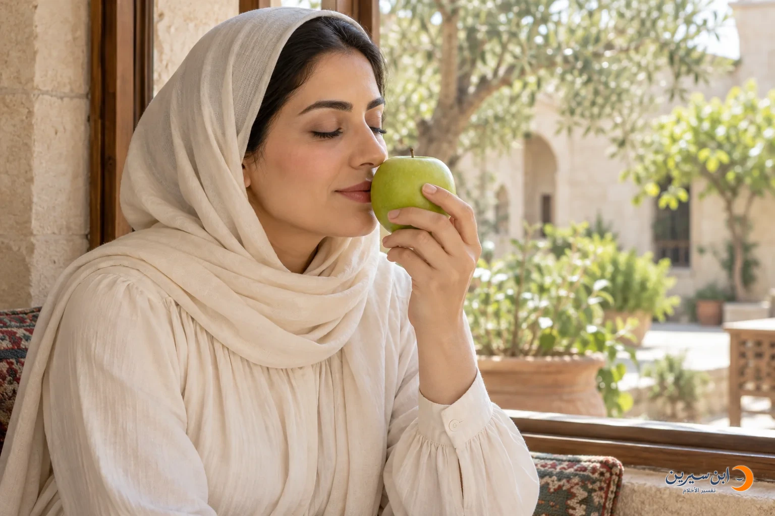 امرأة تقرّب تفاحة خضراء سليمة إلى أنفها لتشم رائحتها