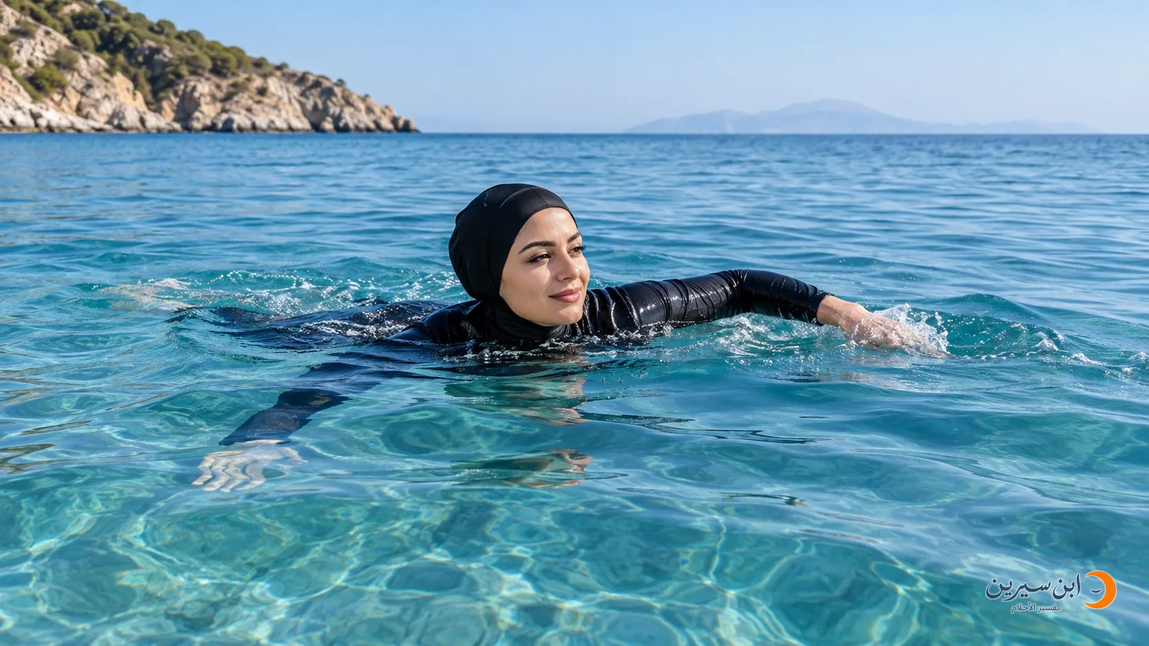 امرأة تسبح في بحر هادئ صاف في مشهد يظهر السباحة بوضوح