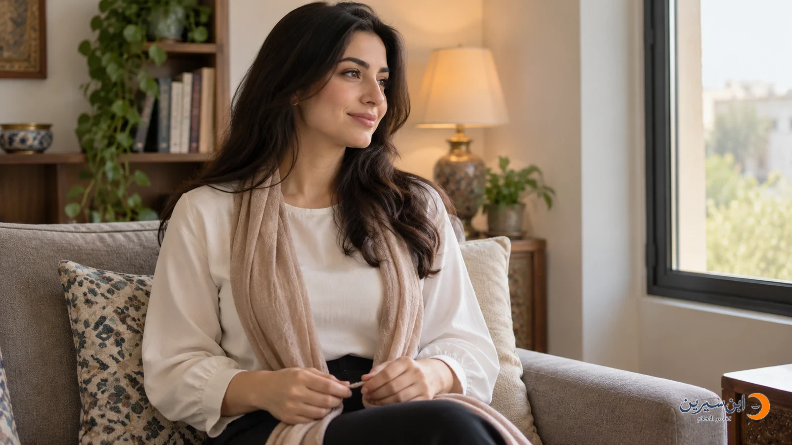 امرأة وحدها في المنزل وقد أنزلت غطاء رأسها إلى كتفيها