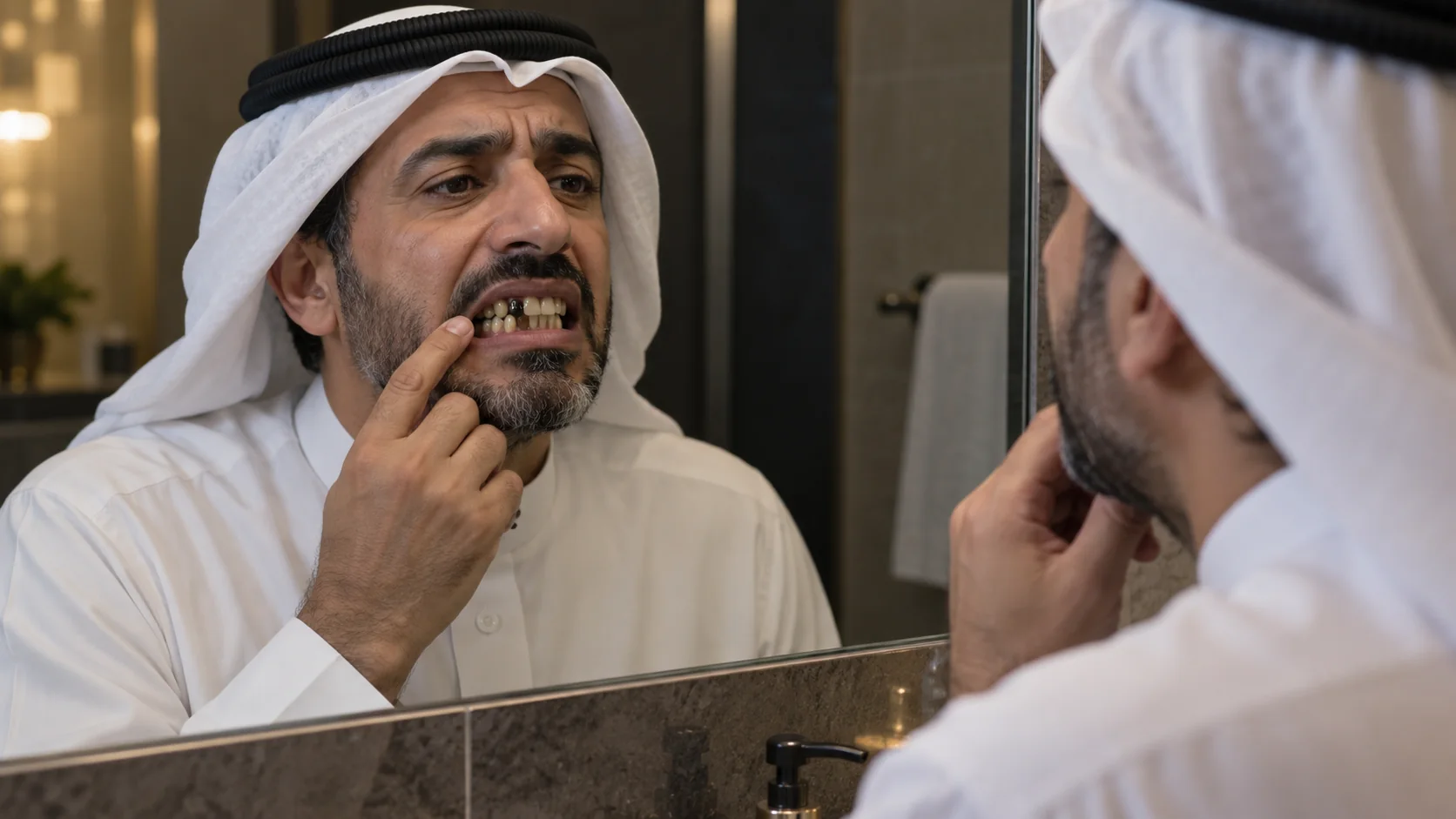 رجل يفحص سنًا سوداء بين أسنانه أمام المرآة