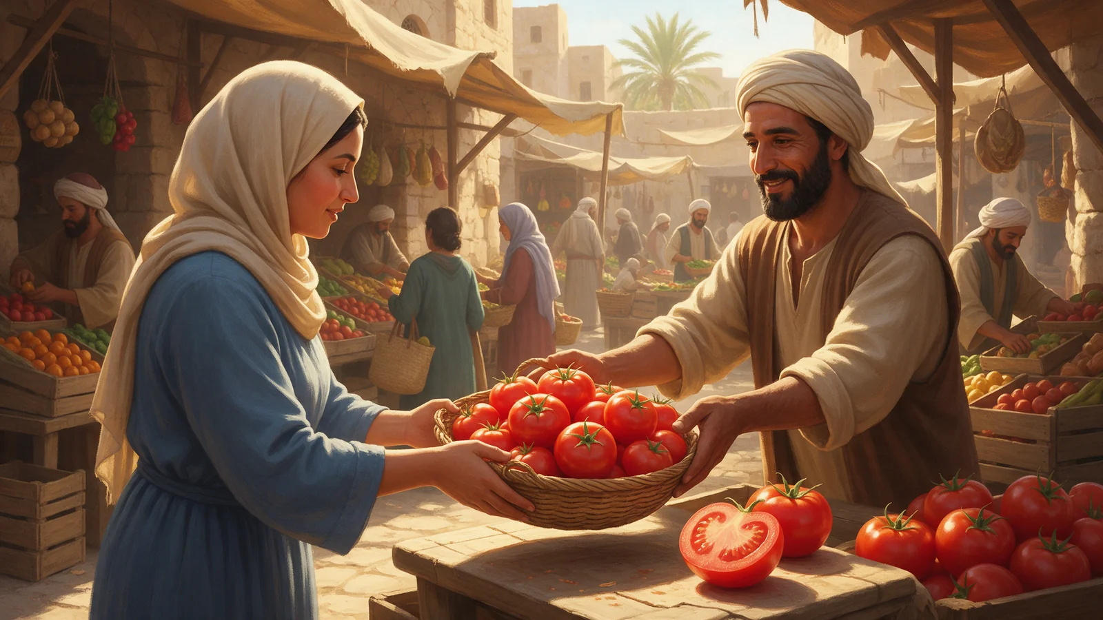 امرأة تشتري سلة طماطم من بائع خضار في السوق