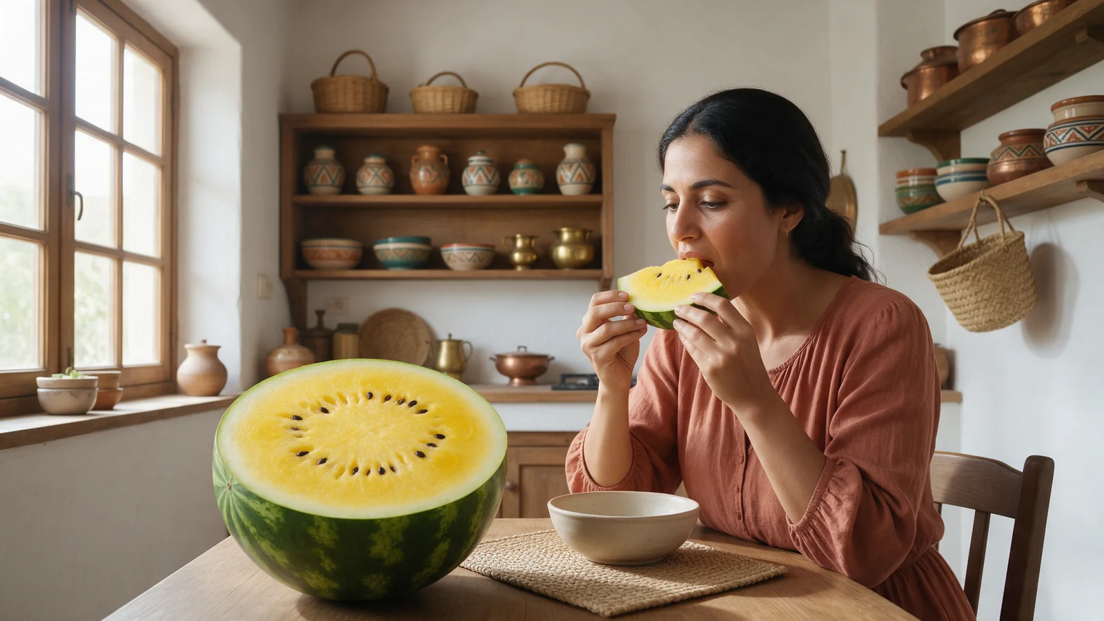 امرأة عربية تأكل بطيخا أصفر اللب ذا قشرة خضراء مخططة