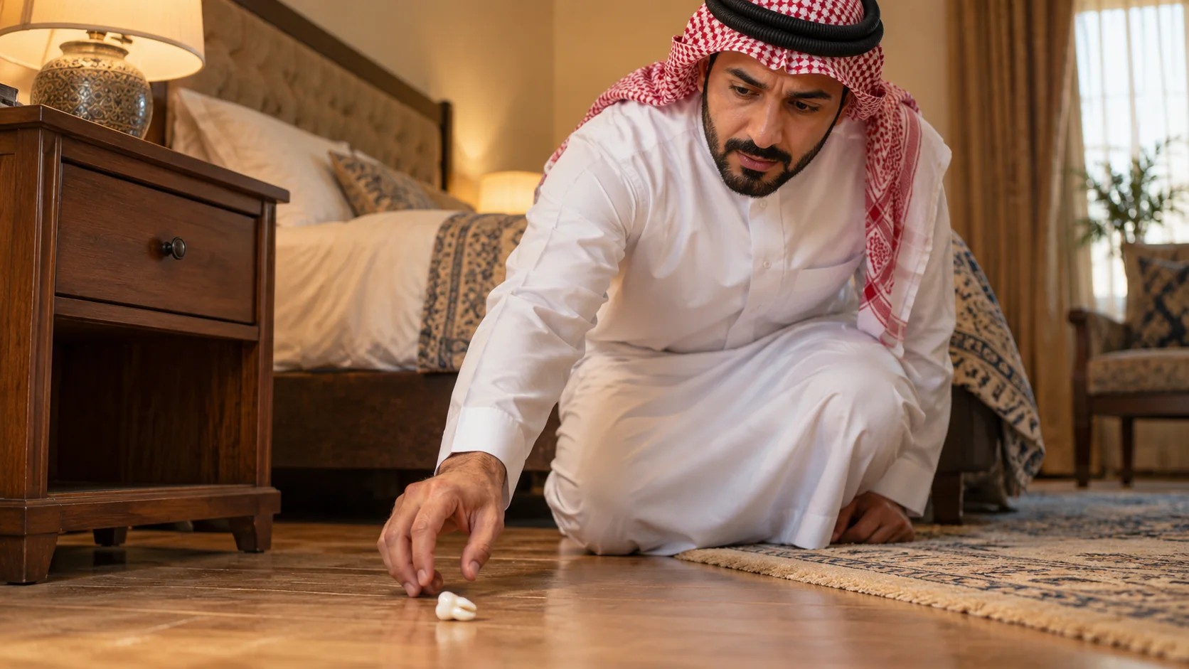 رجل ينحني ليلتقط سنًا وجدها على أرض الغرفة