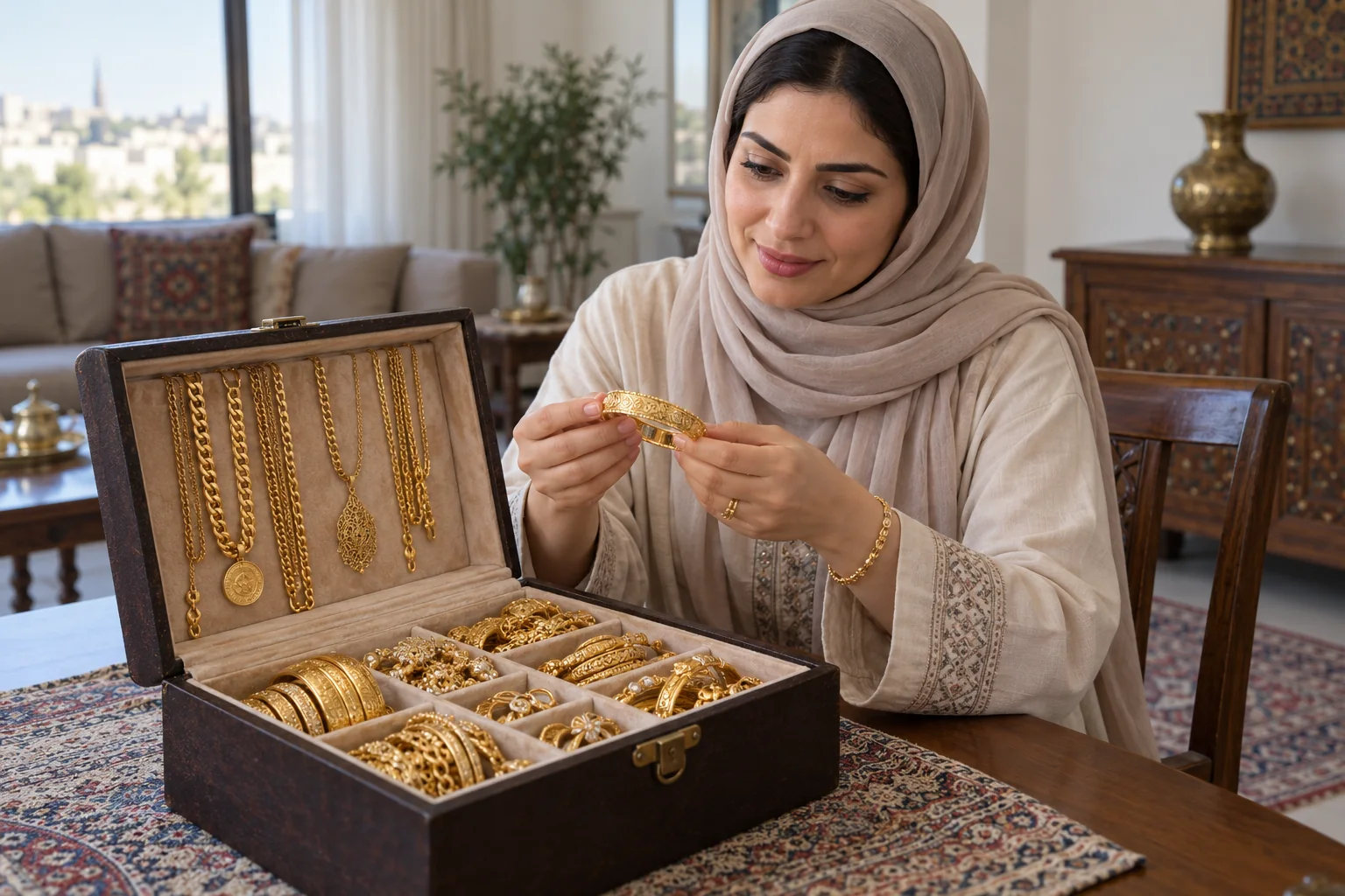 امرأة تتأمل صندوقًا يحتوي قطعًا كثيرة من الذهب