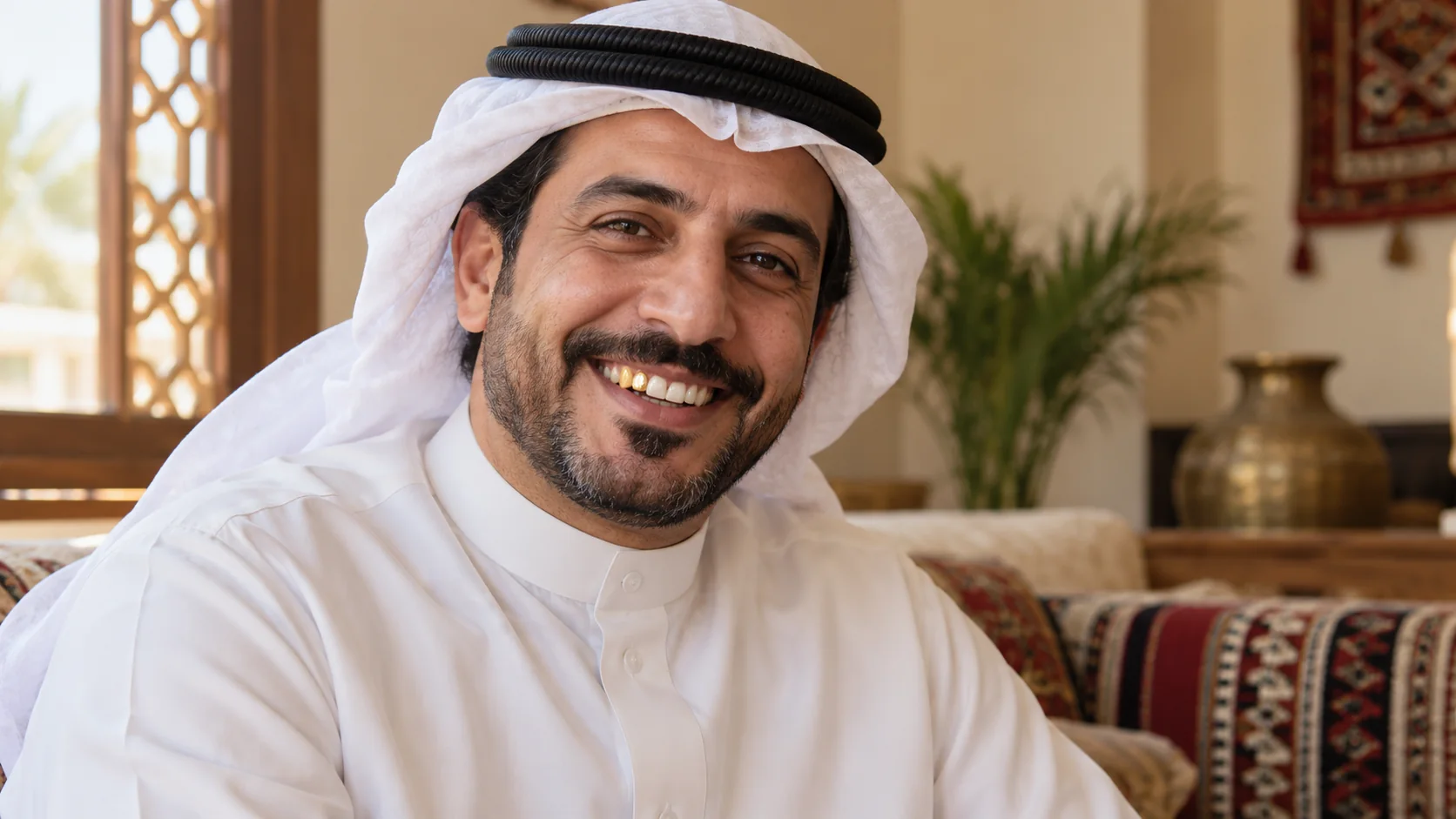 رجل يبتسم فتظهر أسنان ذهبية ضمن أسنانه الطبيعية