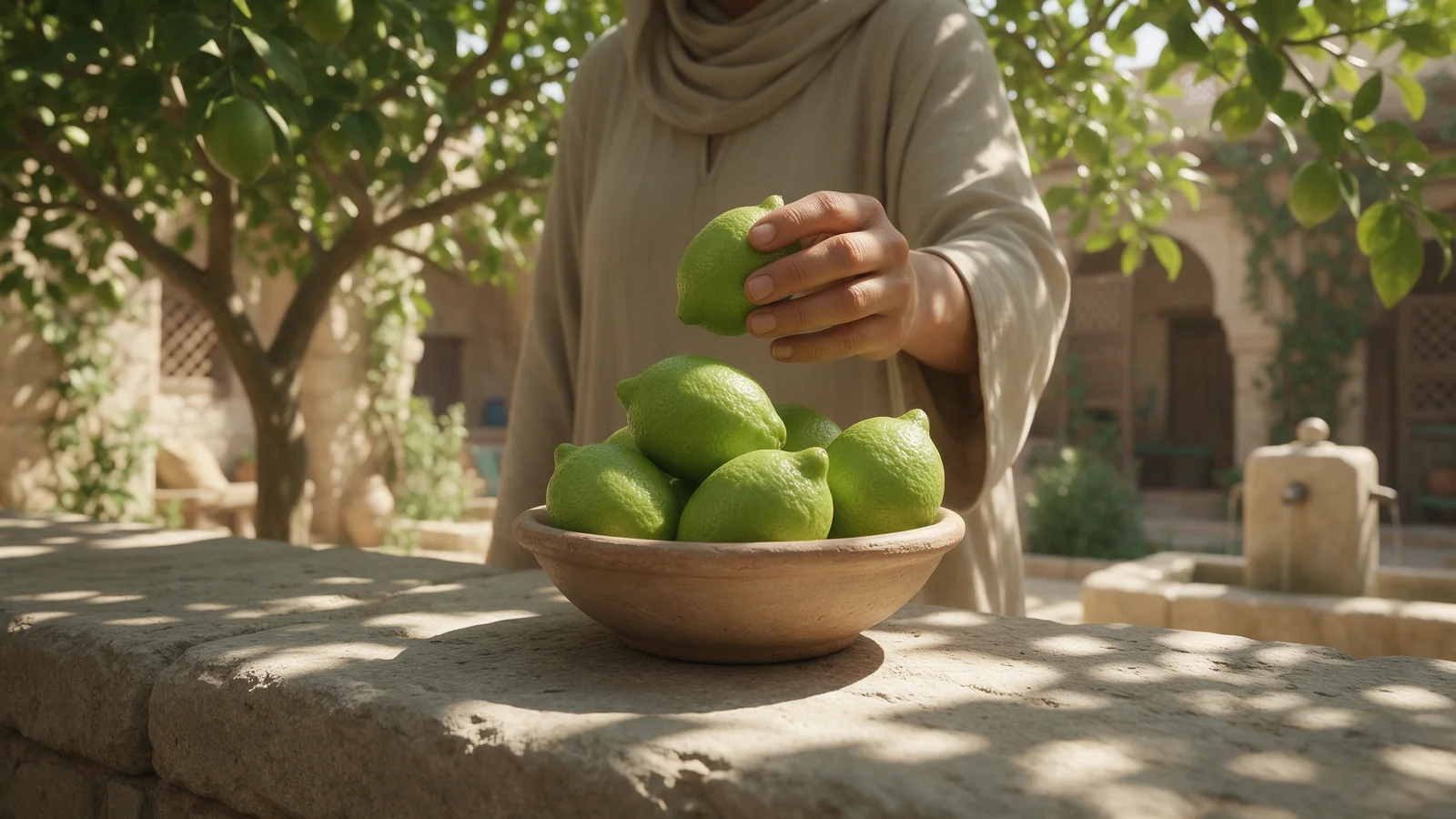 يد تحمل ليمونة خضراء فوق وعاء من الليمون الأخضر