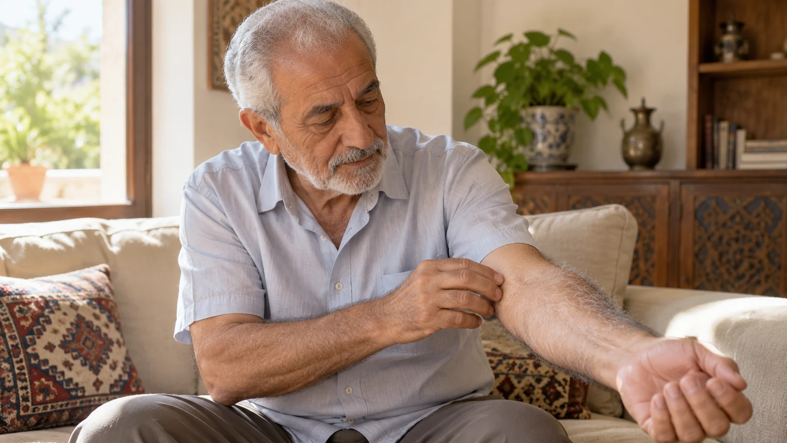 رجل مسن يتفحص شعرًا أبيض على ساعده