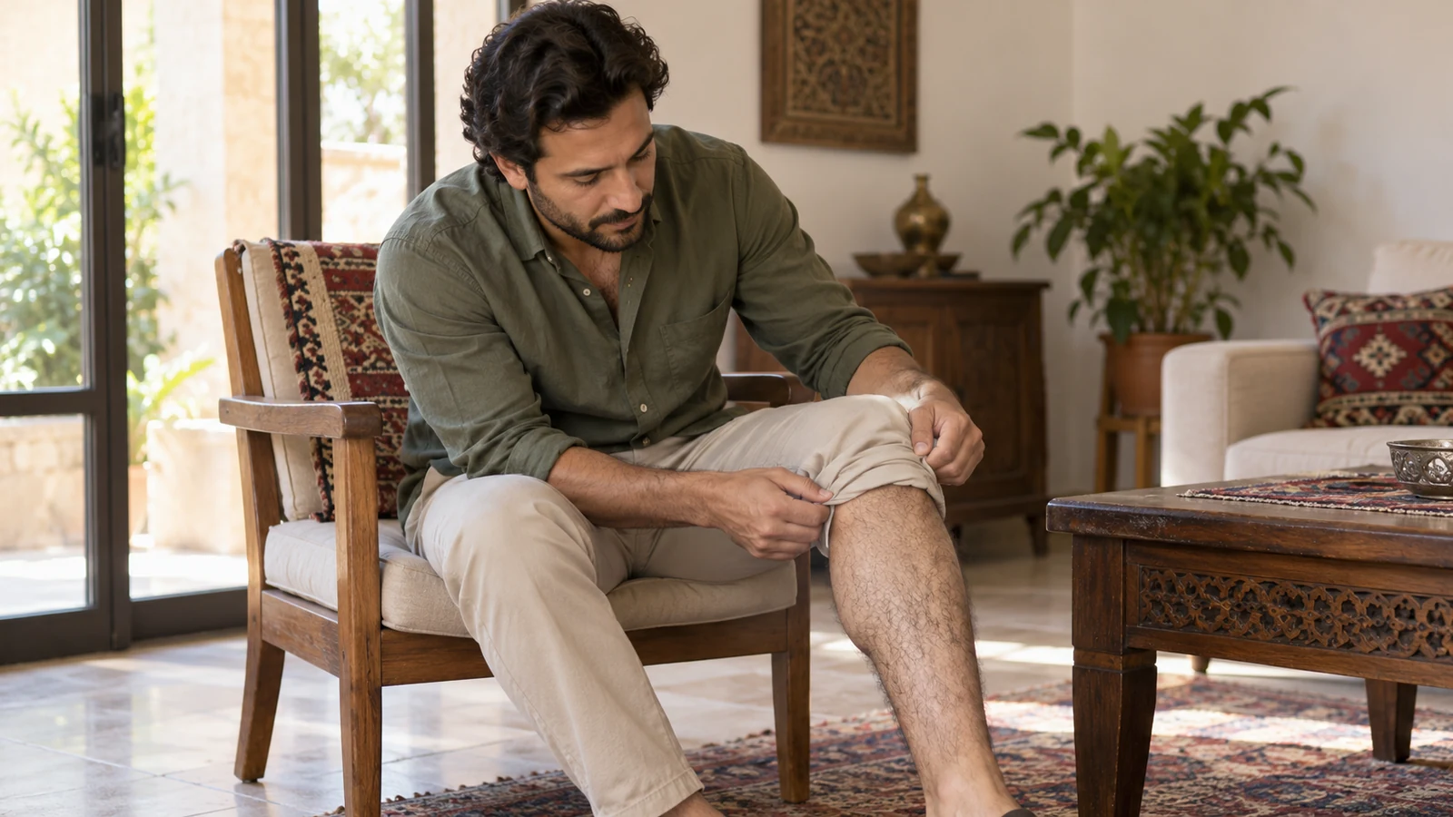 رجل يتفحص شعر ساقه بعد رفع طرف البنطال