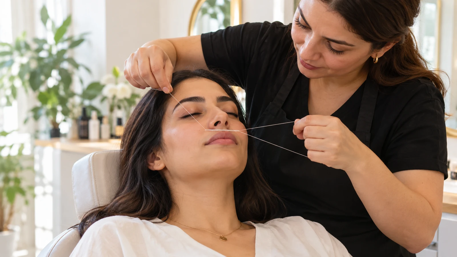 مختصة تزيل شعر وجه امرأة بالخيط