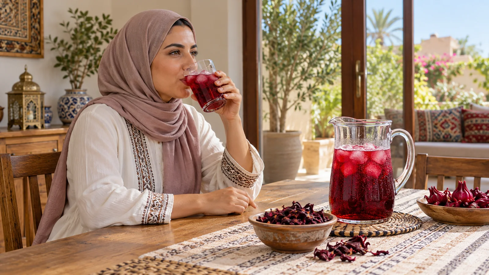 امرأة تشرب الكركديه البارد في المنزل