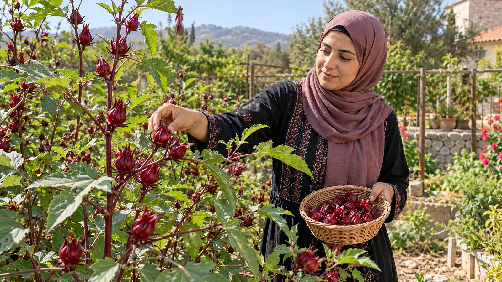 امرأة تقطف الكركديه من النبات