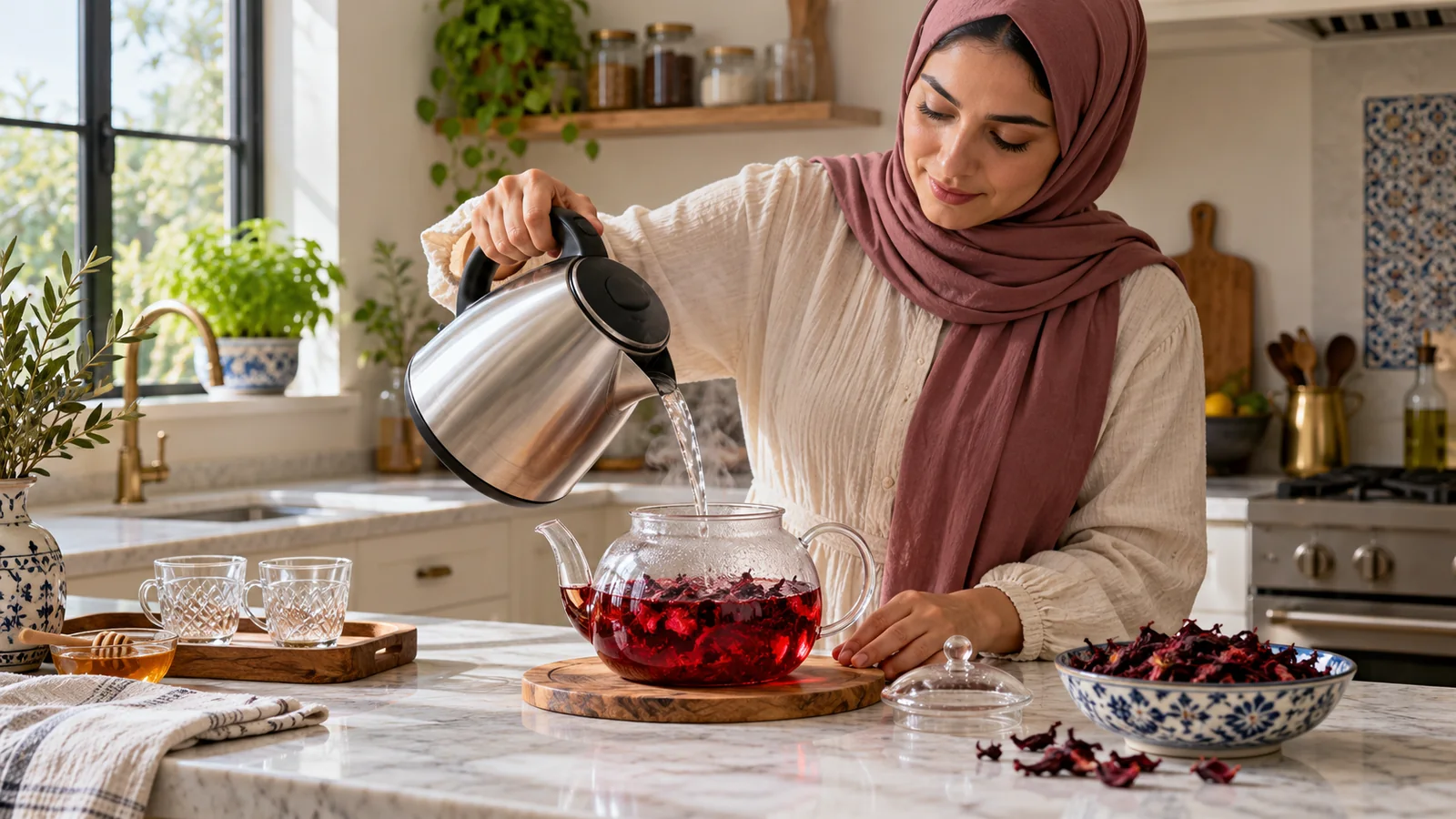 امرأة تحضر شراب الكركديه