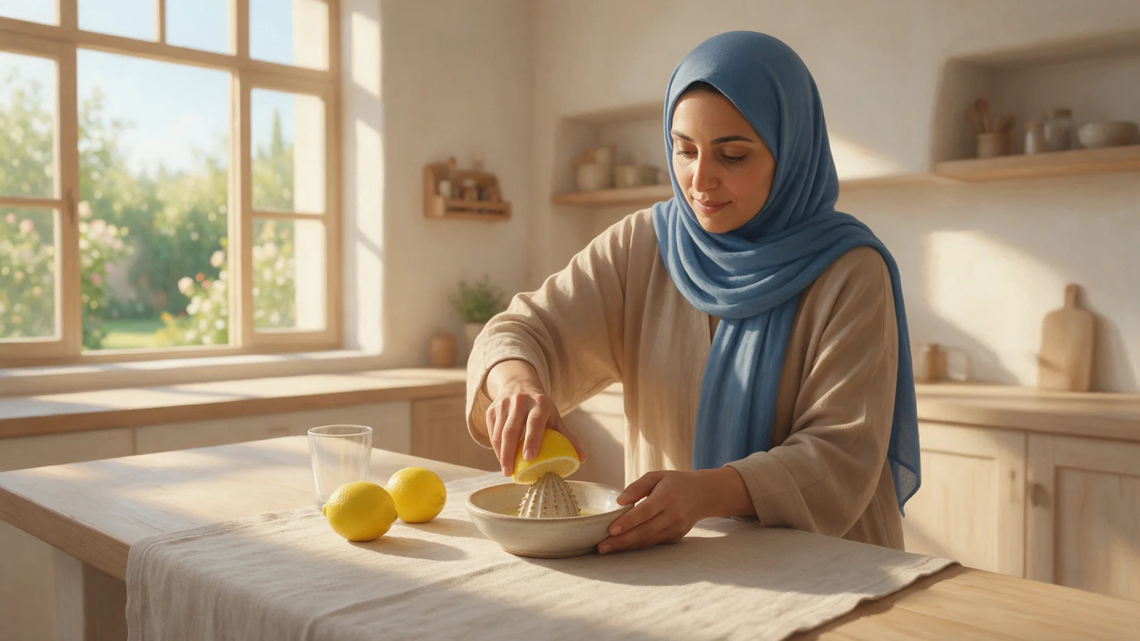امرأة تعصر نصف ليمونة بعصارة يدوية في مطبخ