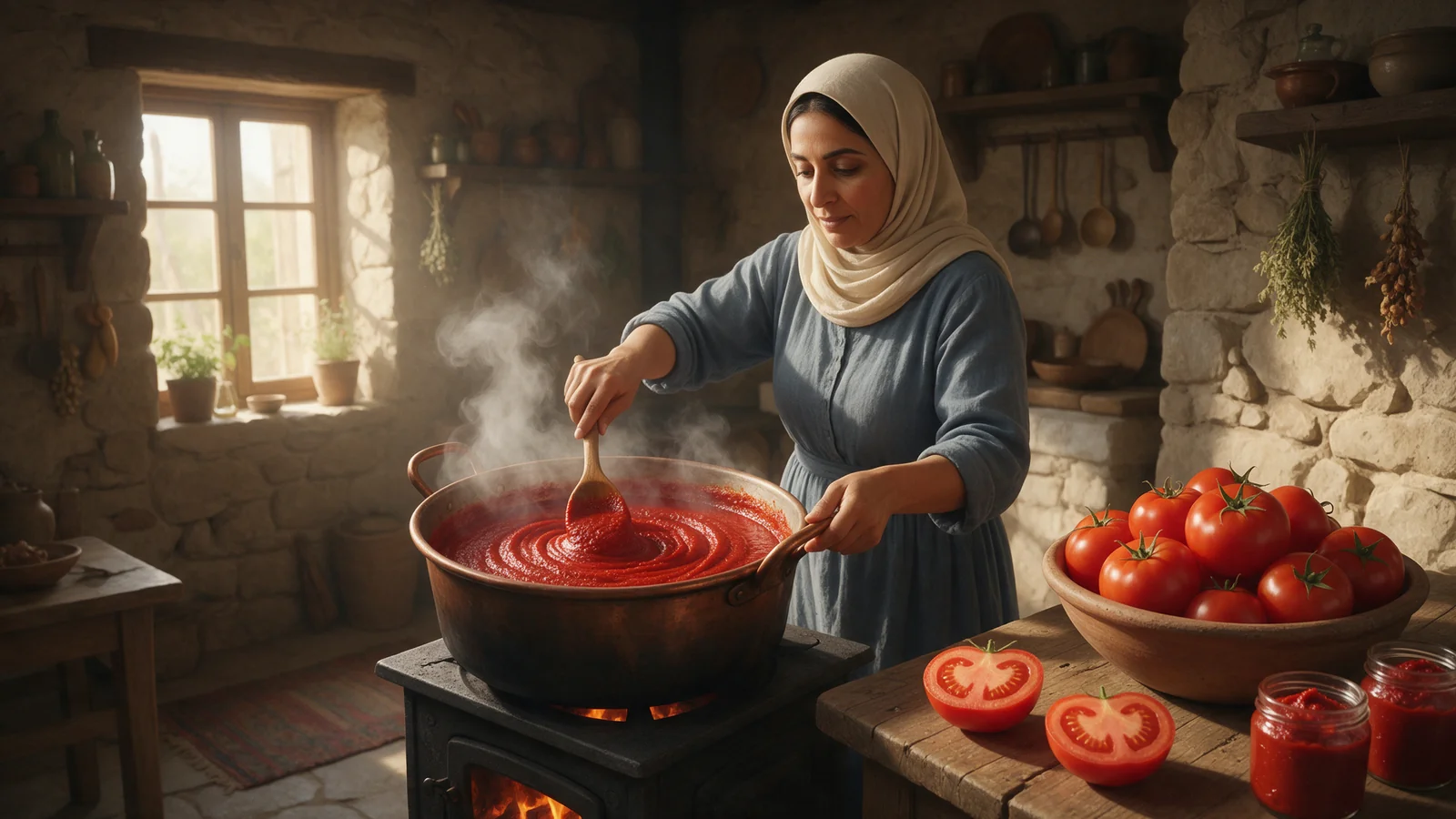 امرأة تحرك معجون الطماطم الكثيف في قدر على النار