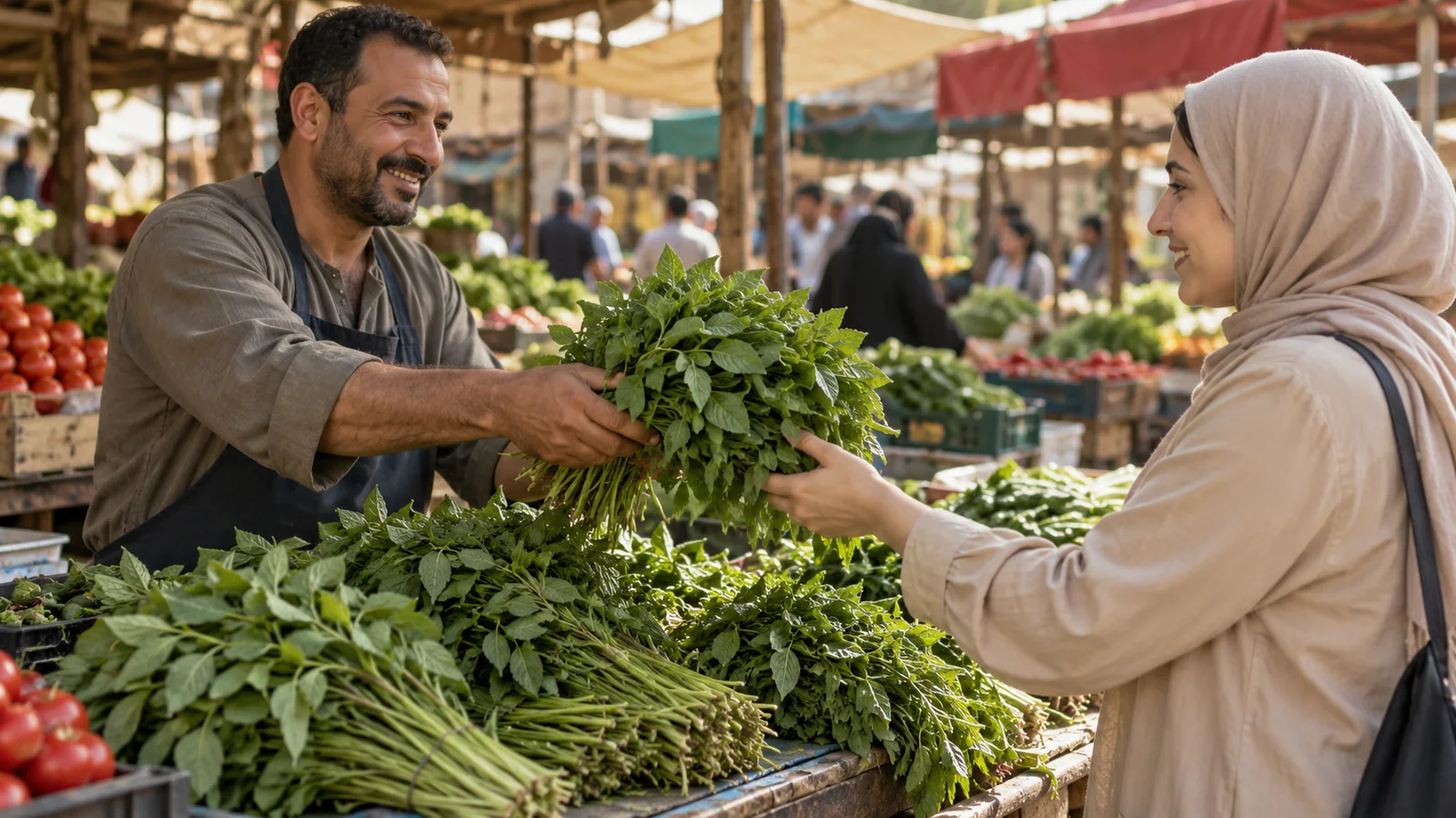 امرأة تشتري حزمة ملوخية من بائع خضار في السوق