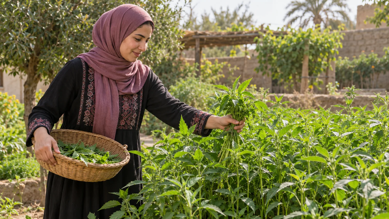 امرأة تقطف أعواد الملوخية في حديقة وتجمعها في سلة