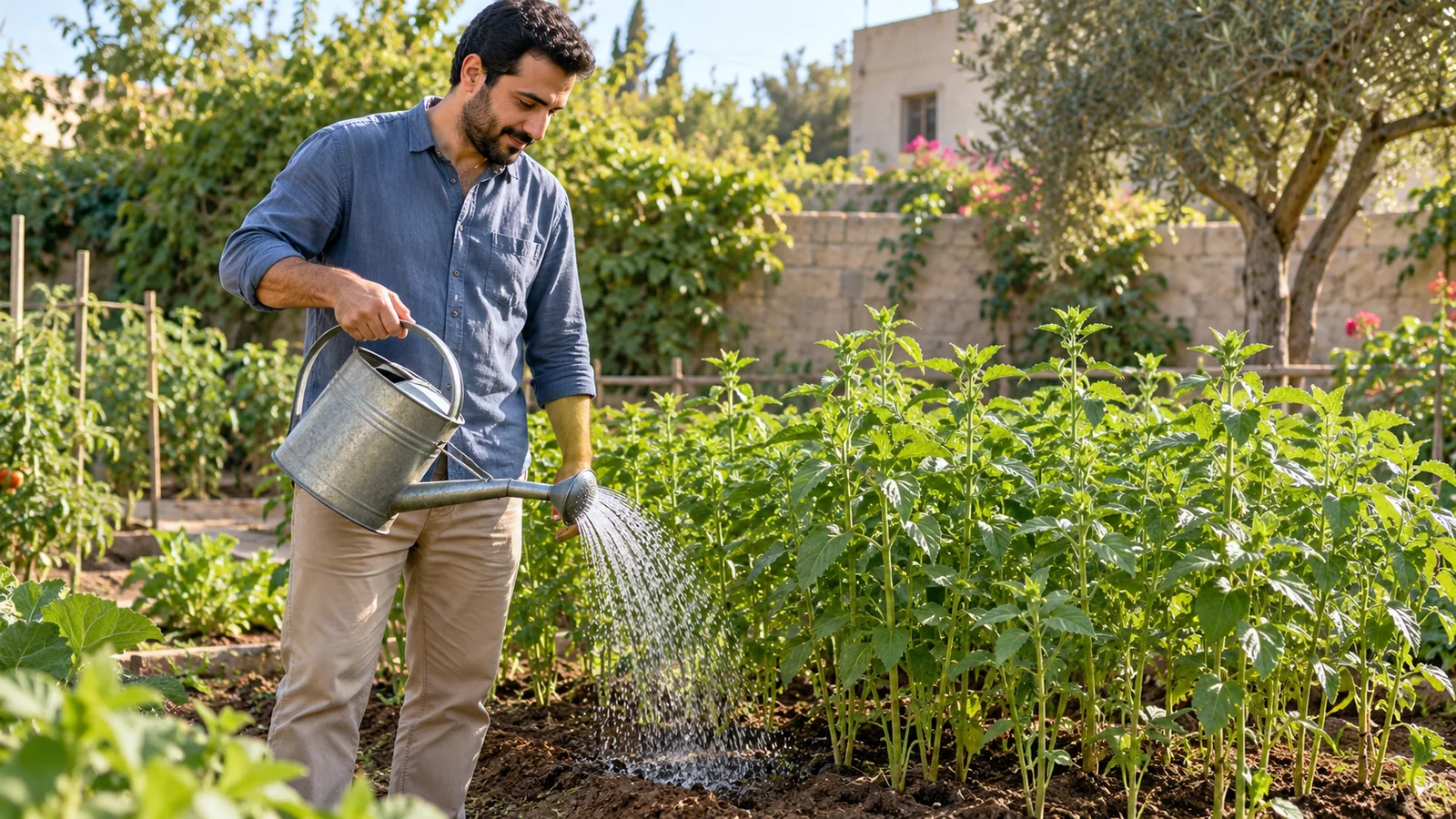 رجل يسقي نباتات الملوخية في حديقة منزلية