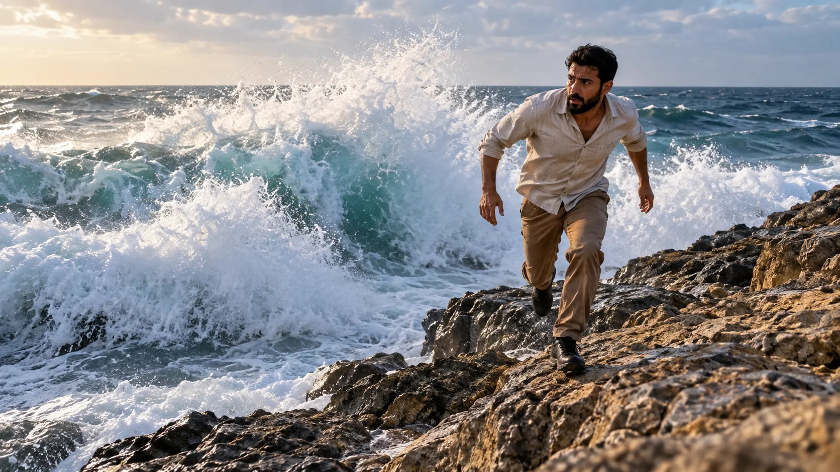شخص يبتعد عن أمواج البحر المرتفعة إلى مكان آمن